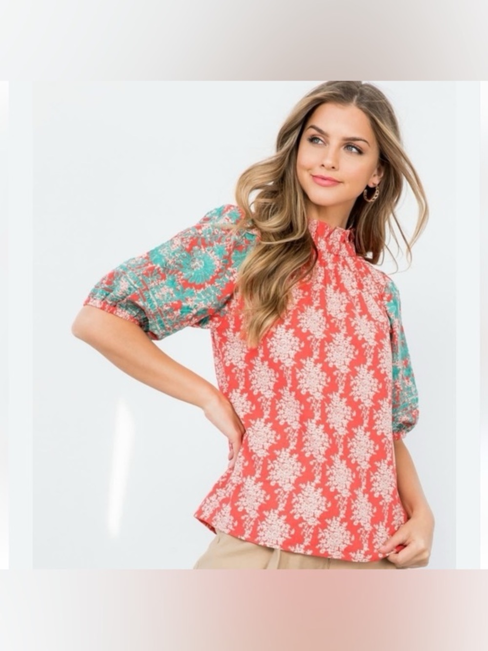 Embroidered puff sleeve blouse top floral oaxacan boho colorful ruffle mock neck - Picture 3 of 7
